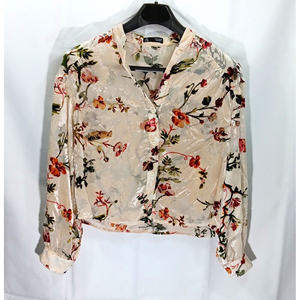 Anewsta women's XS semi Sheer burnout velvet floral button-up blouse multicolor